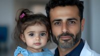Middle Eastern father in medical coat with young daughter in tender moment, expressing care and family bonds in healthcare setting. Professional paternal portrait.