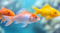 Vibrant goldfish swimming in aquarium with orange, pink and yellow specimens against blurred blue water background, showing graceful fins and scales in motion.