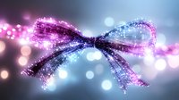 Magical glowing bow with sparkling particles in pink and blue colors against blurred bokeh background, creating dreamy festive atmosphere.