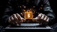Online shopping concept with glowing shopping bag and dollar sign floating above laptop keyboard while person types in dark environment.