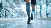 Runner wearing compression socks with digital data visualization overlay moving through futuristic corridor with motion blur effect and blue technology glow.