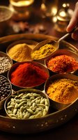 Colorful spices in metal bowls with hand holding spoonful of turmeric powder, arranged in traditional circular spice box for cooking authentic cuisine.