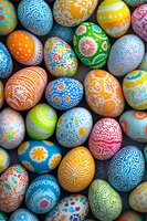 Colorful decorated Easter eggs with intricate floral and geometric patterns in vibrant blue, orange, yellow, green, and pink hues against dark background.