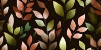 Elegant botanical pattern with delicate green, pink, and copper leaves on dark background, creating a sophisticated nature-inspired design.