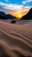 Dramatic sunset over sand dunes with mountain silhouettes creating golden hour atmosphere. Rippled desert landscape stretches toward horizon with vibrant sky and clouds.