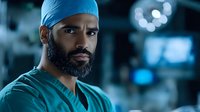Middle Eastern male surgeon in scrubs and surgical cap looking focused and determined in modern hospital operating room with medical monitors in background.