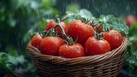 Fresh ripe tomatoes with water drops in woven basket against green garden background during summer rain, natural organic produce photography.