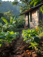 Rustic garden path leading to small countryside cottage surrounded by lush tropical plants and fresh soil, perfect for sustainable living and gardening lifestyle content.
