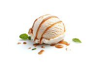 Creamy vanilla ice cream scoop drizzled with caramel sauce and garnished with fresh mint leaves on white background, isolated food photography.