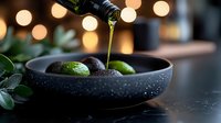 Pouring olive oil over fresh avocados in black stone bowl against blurred warm bokeh lights background, creating luxurious food composition for healthy cooking.