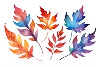 Vibrant watercolor autumn leaves in gradient colors from orange to purple and blue, perfect for seasonal designs, greeting cards and fall-themed projects. Isolated on white background.