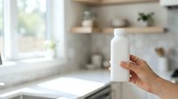Woman holding blank white bottle in modern kitchen with natural light, suitable for product mockups, cosmetics, cleaning supplies, and household goods marketing.
