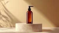 Amber glass pump bottle on concrete podium with natural shadow overlay. Minimalist cosmetic presentation against beige background. Clean skincare packaging mockup.