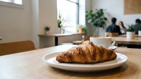 Fresh golden croissant on white plate in modern cafe setting with natural lighting and blurred background for breakfast dining concepts.