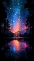 Silhouettes of people watching cosmic light show with falling stars and aurora borealis reflected in calm lake water, surrounded by pine forest at night.