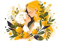 Young mother and child in tender embrace surrounded by decorative floral elements in yellow and green tones, artistic illustration style for mothers day cards.
