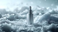 Luxurious silver cosmetic dropper bottle on frosty winter background with snow and ice crystals. Elegant skincare product photography for beauty industry.