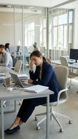 Stressed businesswoman experiencing headache while working on laptop in modern office environment with colleagues in background.