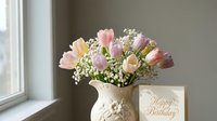 Fresh spring tulip bouquet in white ceramic vase with baby's breath flowers on windowsill for birthday celebration and home decoration.