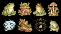 Frog character collection with toad sitting on mushroom house, crowned frog prince, frog in water bubble, frog on boot, decorative frame, and additional amphibian designs isolated on transparent background for clipart, t-shirt design, stickers, and print-on-demand projects.