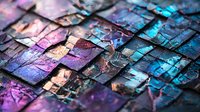 Weathered wooden roof shingles with iridescent purple and turquoise reflections creating abstract pattern in dramatic lighting. Textural close-up shows natural aging.