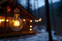 Glowing vintage Edison bulb hanging outdoors against blurred winter cabin with warm bokeh lights creating cozy atmospheric evening ambiance in snowy forest setting.