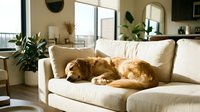 Golden retriever dog sleeping peacefully on white sofa in bright modern living room with plants and natural sunlight streaming through windows.