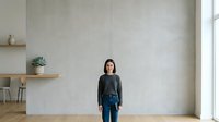Young woman with dark hair and medium skin tone standing in minimalist interior space wearing casual black long-sleeve top and blue jeans, suitable for lifestyle, fashion, and contemporary design projects.