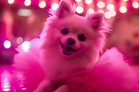 Smiling white Pomeranian dog with fluffy fur against pink bokeh lights background, creating magical festive atmosphere for pet photography and holiday cards.