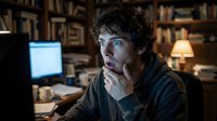 Young man with curly dark hair and light skin, wearing dark clothing, sitting at desk in home office with computer, appearing thoughtful or concerned while working late at night surrounded by bookshelves.