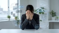 Stressed businessman covering face with hands surrounded by digital data analytics charts and graphs in modern office environment for business pressure concepts.
