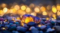 Glowing amber gemstone surrounded by colorful stones with warm bokeh lights creating magical atmosphere for jewelry and luxury product displays.