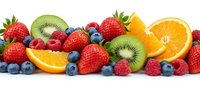 Fresh mixed fruits border with strawberries, kiwi, orange slices, blueberries and raspberries isolated on white background for healthy eating concepts.