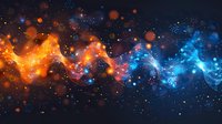 Abstract cosmic art featuring dynamic orange and blue energy waves colliding in space, perfect for modern website headers or tech presentations.