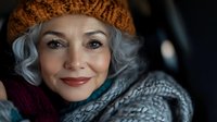 Mature Caucasian woman with silver gray hair wearing orange knit beanie and cozy winter scarf smiling warmly at camera. Natural lifestyle portrait showing aging gracefully.
