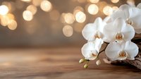 White orchid flowers on wooden surface with warm golden bokeh lights creating elegant spa and wellness atmosphere for relaxation and luxury decor.