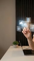 Woman touching glowing cloud computing interface with security and database icons, representing digital data storage and network protection concept.