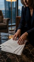 Professional businesswoman reviewing legal documents in modern office with city skyline view. Corporate executive analyzing contracts and paperwork.