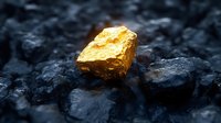 Golden nugget gleaming on dark rocky surface with dramatic lighting showcasing precious metal mining discovery and wealth concept for investment materials.