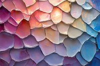 Colorful torn paper pieces arranged in gradient pattern from purple to pink, peach and blue creating abstract textured mosaic background with rough edges.