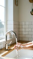 Hands washing under running water from modern chrome kitchen faucet with white subway tile backsplash and natural window light for hygiene and cleanliness.