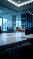 Businessman using futuristic holographic interface displaying risk management and compliance data in modern office environment for digital transformation.