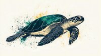 Sea turtle swimming with watercolor splash effects on cream background for marine wildlife designs.
