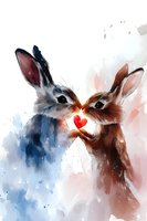 Romantic bunnies sharing red heart, watercolor style artwork with blue and brown rabbits on soft pastel background. For Valentine cards and love concepts.