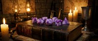 Antique leather-bound book with purple polyhedral dice set, surrounded by burning candles and mystical decor, creating an atmospheric tabletop gaming and fantasy roleplay scene.