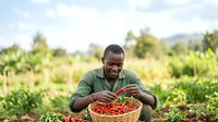 Young male farmer of African descent harvesting fresh red chili peppers in agricultural field during daytime, suitable for farming, agriculture, and food production content.