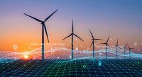 Wind turbines and solar panels at sunset with digital network overlay representing renewable energy technology and smart grid infrastructure for sustainable power.