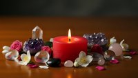 Red candle burning surrounded by healing crystals, flower petals and gemstones creating peaceful spa meditation atmosphere for wellness relaxation.