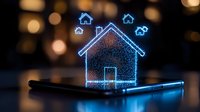 Glowing holographic house icons floating above smartphone screen with bokeh background, representing digital real estate and smart home technology.