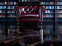 Luxurious burgundy leather Chesterfield armchair against blurred bookshelf background on glossy dark floor, elegant interior design setting for luxury spaces.